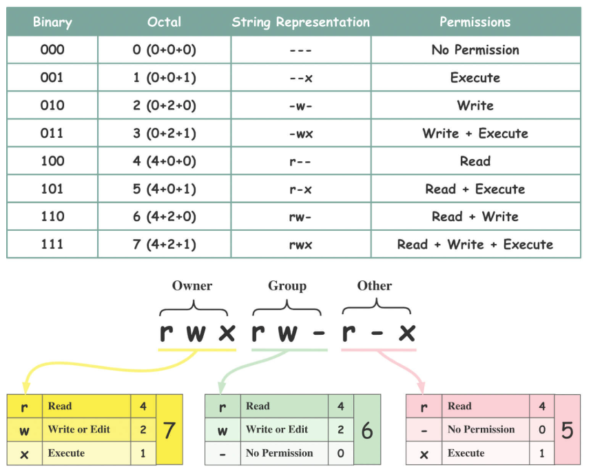 Linux file permission view showing owner, group, and permission bits